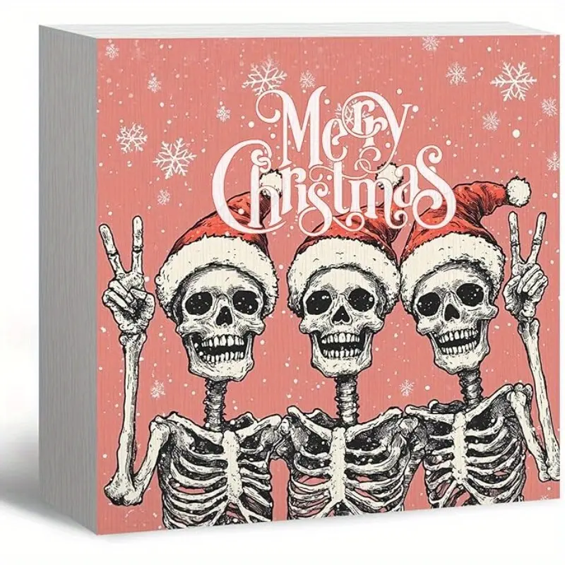 Gothic Christmas Decor, Funny Skeleton Santa Christmas Wooden Box Sign, FunnyChristmas Decorations, Santa Hat Wood Signs for Home Office Desk Shelf Table Decor, 5x5 Inch (Pink)