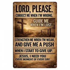 Rustic vintage metal prayer wall decor sign suitable for churches — “Jesus, I need you every hour” in English, iron religious decoration for a prayer room, strength and direction guidance, 8×12 inches, wall art decor