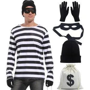Adult Unisex Robber Costume Set Black and White Striped T-Shirt Thief Accessories for Halloween  Costume