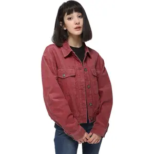 Anna-Kaci Women's Corduroy Collared Long Sleeve Button Down Jacket for Everyday Casaul Wear - Medium, Burgundy