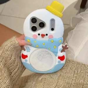 Cute 3D Snowman Silicone Phone Case with Flowing Sand For iPhone 17 16 15 14 13 Pro Max Shockproof Cover