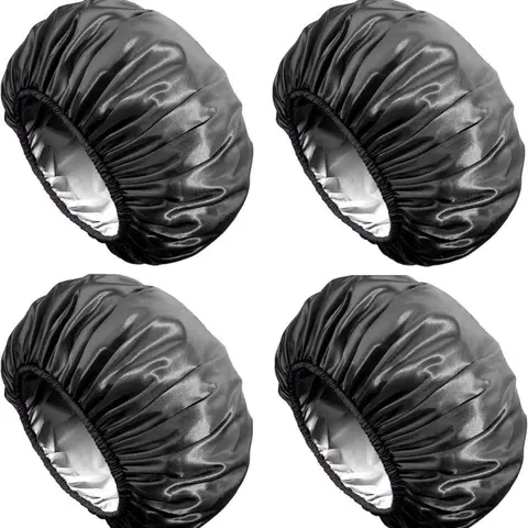 Women's Big-Tall Satin Fabric Shower Caps 4-Pack - Solid Synthetic Elastic, Washable, Double-Layered EVA Waterproof Bathroom Accessory, Shampoo Cap, Larger for Long Hair, Hair Mask Cover for Adult Cooking/Cleaning Use