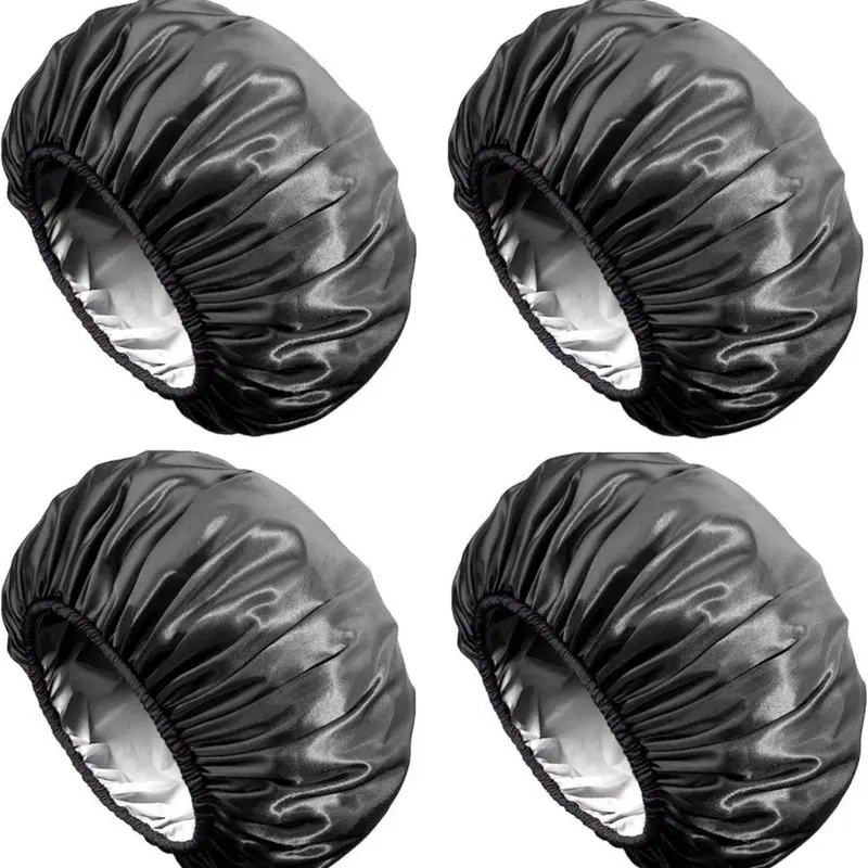 Women's Big-Tall Satin Fabric Shower Caps 4-Pack - Solid Synthetic Elastic, Washable, Double-Layered EVA Waterproof Bathroom Accessory, Shampoo Cap, Larger for Long Hair, Hair Mask Cover for Adult Cooking/Cleaning Use