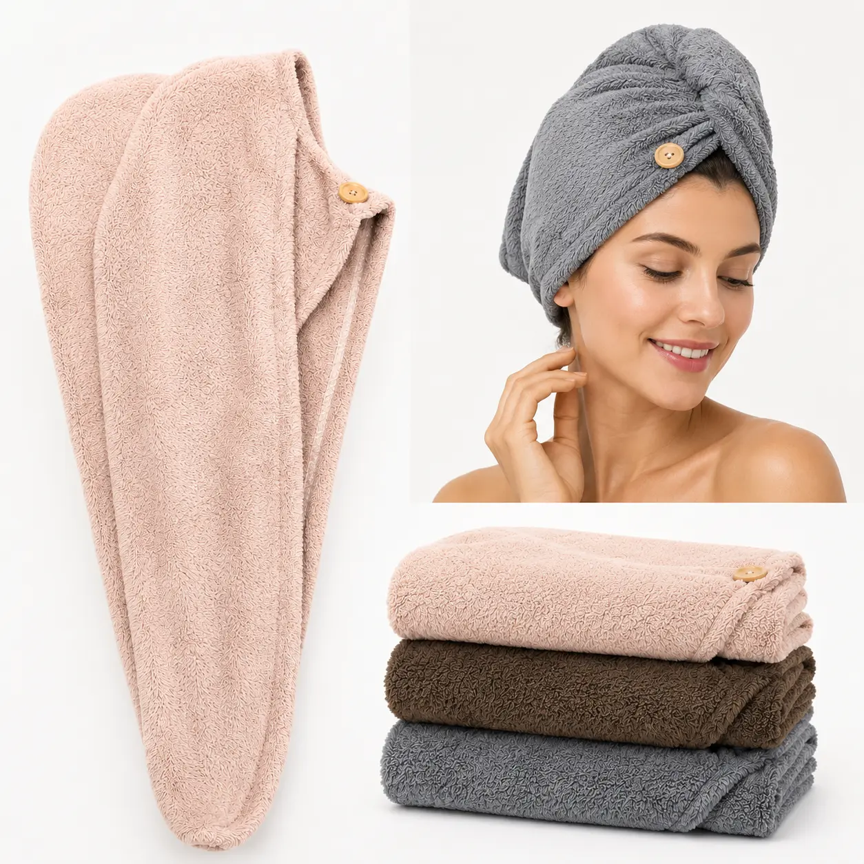 2026 New 3-PC Synthetic Coral Microfiber Hair Turban Cap Set, Ultra Absorbent Quick-Dry Anti-Frizz Wraps, Soft Gentle for Curly & Damaged Hair, Multi-Use Bathroom Self-Care Accessory for Adults