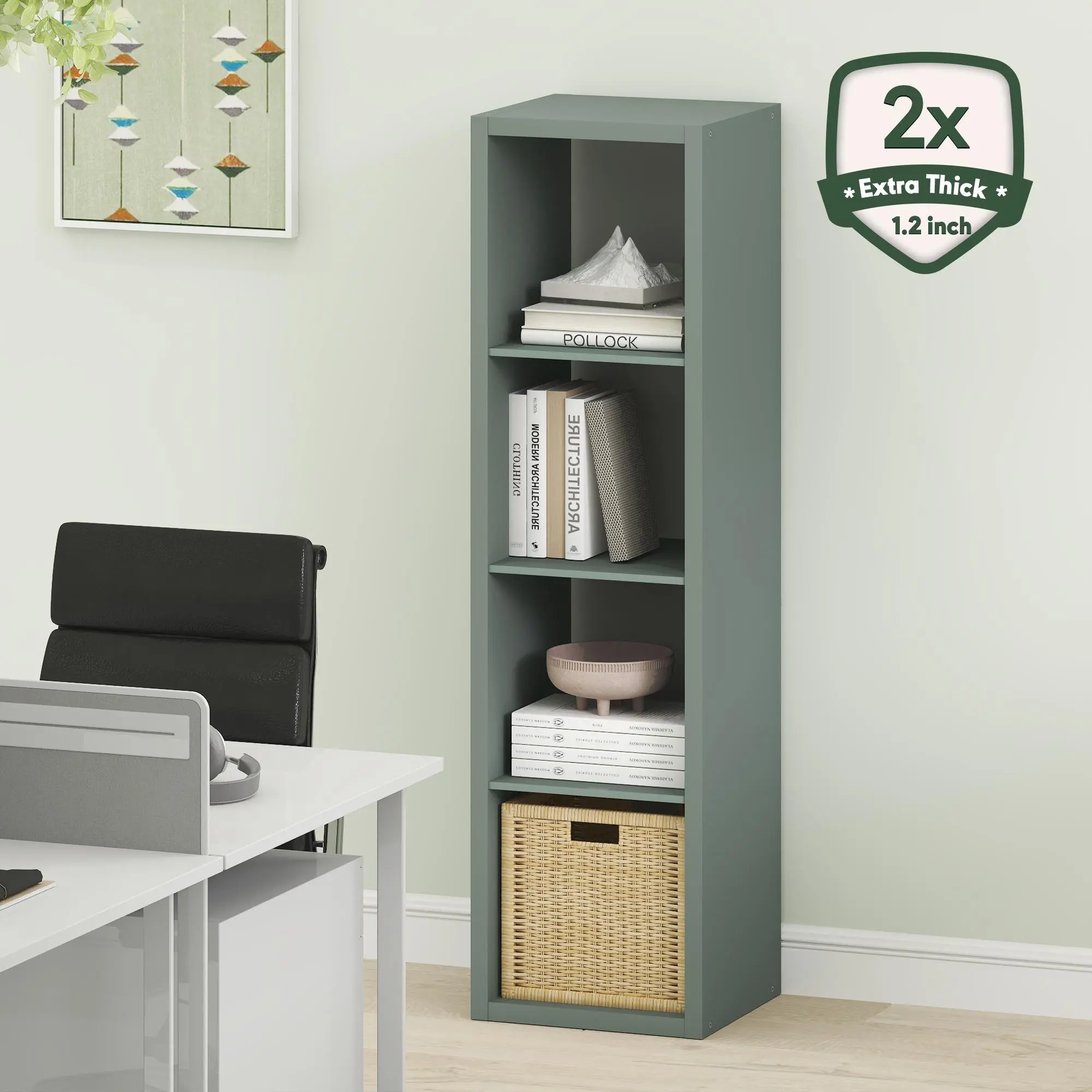 Sage Green Contemporary 4-Cube Thick-Frame Engineered Wood Bookcase - Single Unit Modern Vertical Storage System, Clean Aesthetic, Reversible Back Open Shelf, Sturdy Base, 14.6"(D)x15.9"(W)x58.0"(H), Book Organization for Living Room, Home Office, Freesta