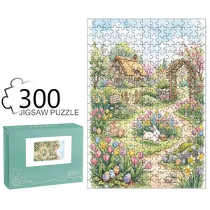 Whimsical Easter Garden Jigsaw Puzzle - Colorful Cartoon Bunnies, Eggs, Flowers & Cottage, High - Quality Cardboard, Pastoral Style for Family Fun, Easter Decor