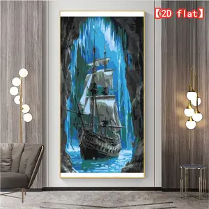 2D flat best-selling decorative painting, ancient boat cave voyage canvas painting unframed, suitable for living rooms, offices, indoors, background decoration