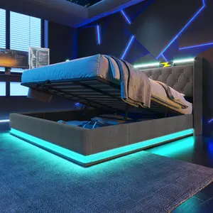 Modern King Size Bed Frame with Charging Station, LED Lights and Lift Up Storage, Linen Upholstered King Platform Bed with Wingback Headboard, Remote Control, Heavy Duty Wooden Slats, No Box Spring Needed, Gray