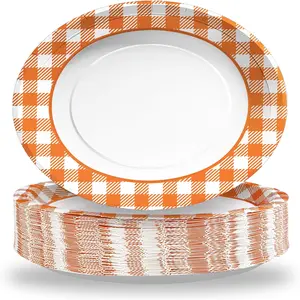 50pcs Fall Gingham Oval Paper Plates 10" x 12" Large Disposable Heavy Duty Orange & White Buffalo Checked Plaid Platters Thanksgiving Dessert Plates for Fall Harvest Themed Party Supplies Table Decor
