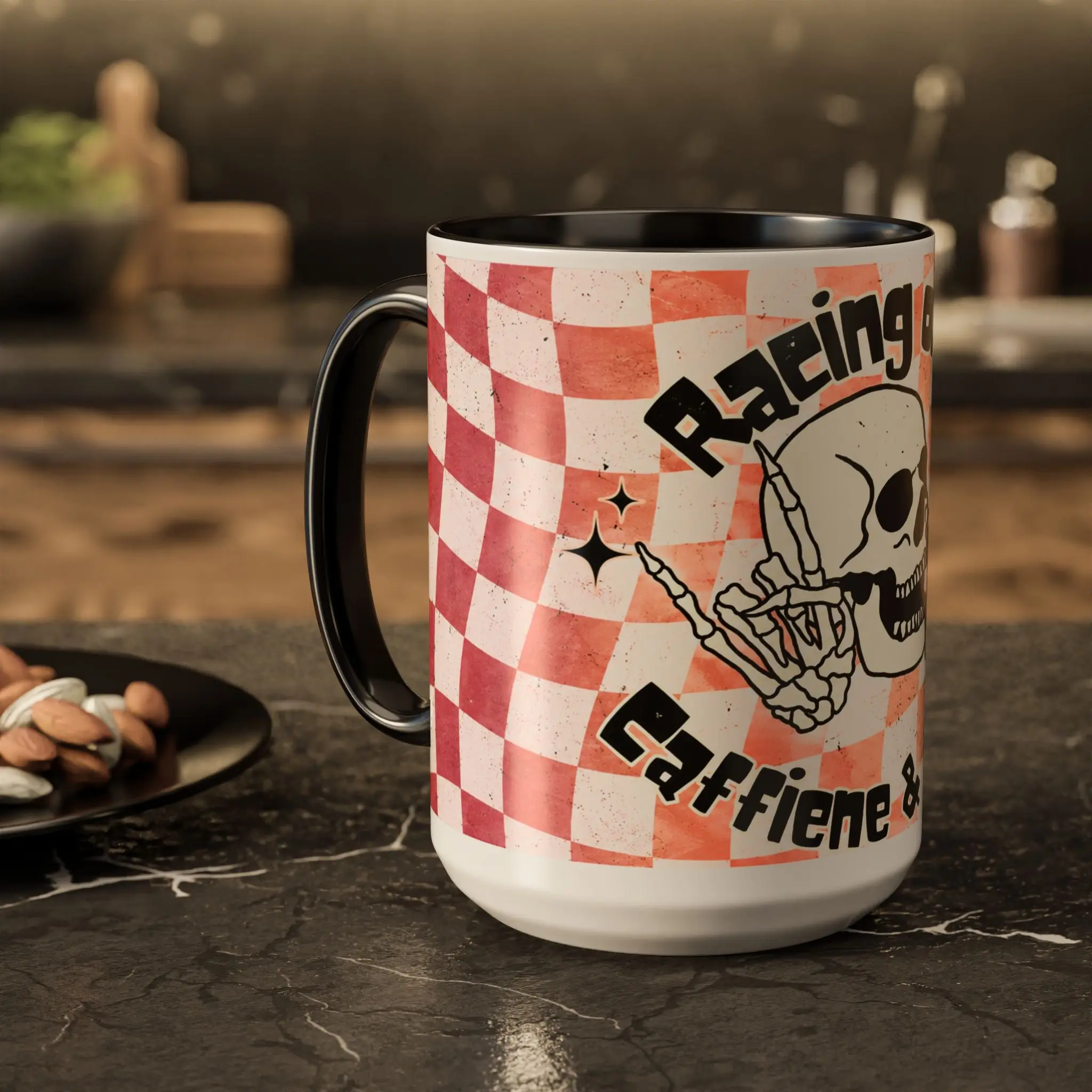 Glossy Printed Skull & Coffee Ceramic Mug - 'Racing on Caffeine & Chaos' Checkerboard, 15oz Washable Drinkware