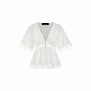 Cider Satin V-Neck Lace Panel Ruffle Sleeve Blouse