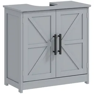 HOMCOM Pedestal Sink Storage Cabinet, Farmhouse Freestanding Bathroom Sink Cabinet with 2 Barn Doors and Adjustable Shelf