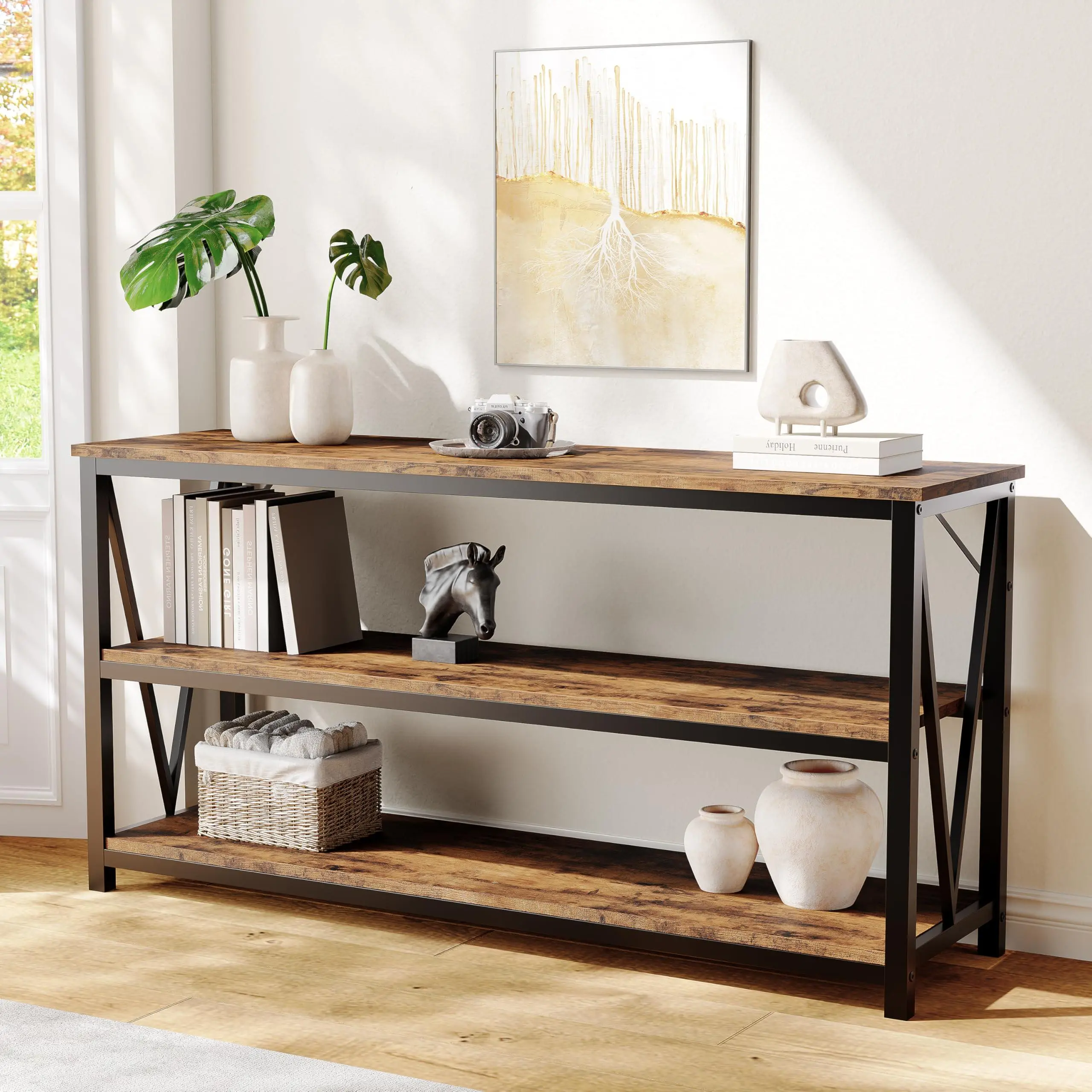 Long Console Table, Wooden Fluted Entryway Table, Sofa Table Behind Couch, Entry Foyer Table for Entryway, Hallway, Living Room (Rustic Brown, 55" Industrial Not Drawer)
