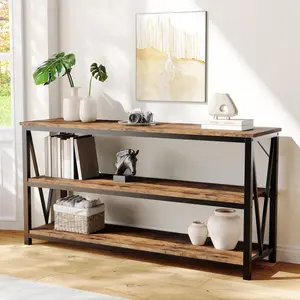 Long Console Table, Wooden Fluted Entryway Table, Sofa Table Behind Couch, Entry Foyer Table for Entryway, Hallway, Living Room (Rustic Brown, 55" Industrial Not Drawer)