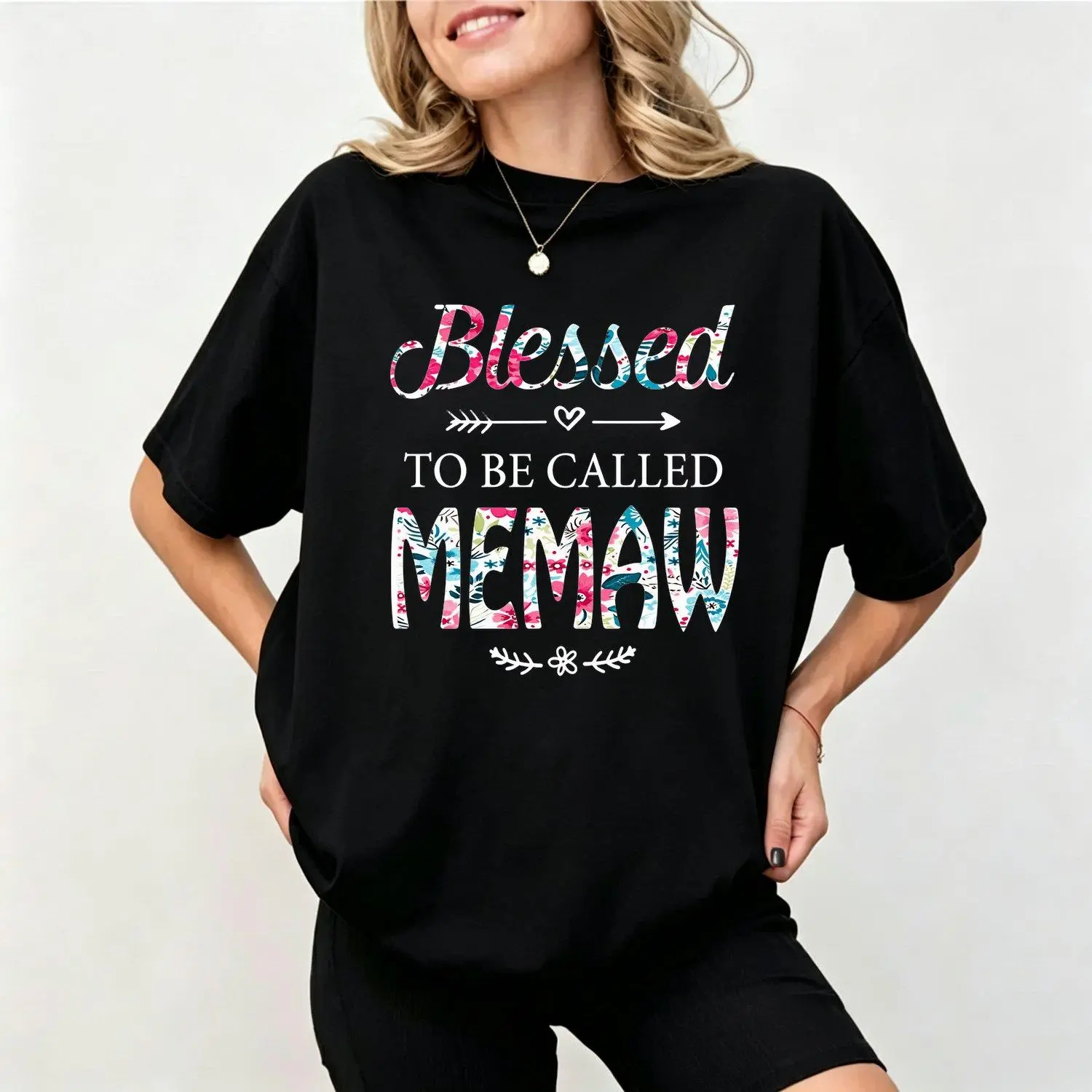 Blessed to Be Called Memaw T Shirt Grandma Gift Idea with Colorful Floral Wreath Heart Print Casual Fit Men’s T Shirts Fashion Lovers Must Vacation Clothing