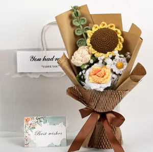 Crochet Flower Bouquet With Greeting Card And Gift Bag, Handmade Artificial Knitted Rose And Tulip in Light Blue, Warm Faux Flowers Bouquet For Mother's Day, Wedding, Birthdays, Valentine's Day