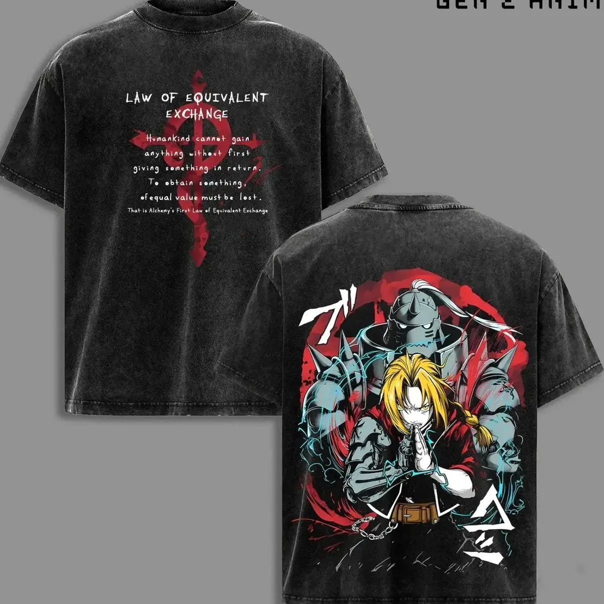 Edward & Alphonse Tee Washed, Fullmetal Alchemist Vintage Oversized Heavy Cotton Anime Double Printed Graphic, Retro FMA Streetwear Top, Alchemy Inspired Merch KDQ