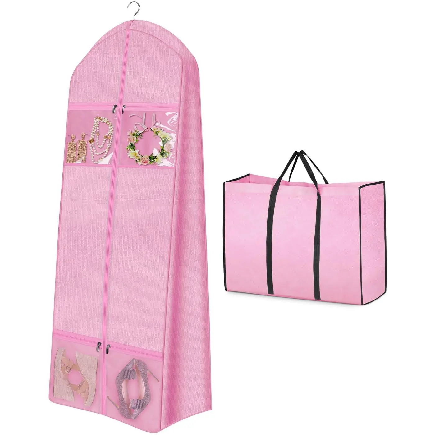 Portable 65" Wedding Dress Garment Bag with Bride Tote 8'' Gusseted Bags for Gowns Long 4 Pockets Cover Women  Pink