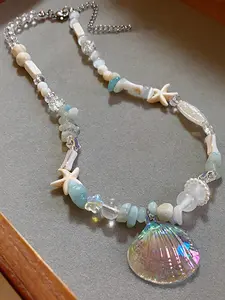 1pc Dopamine-Themed Ocean Blue Shell, Starfish & Pearl Beaded Necklace,Random Design Beach Holiday Personality Necklace, Sweet & Chic Style For Women Gift