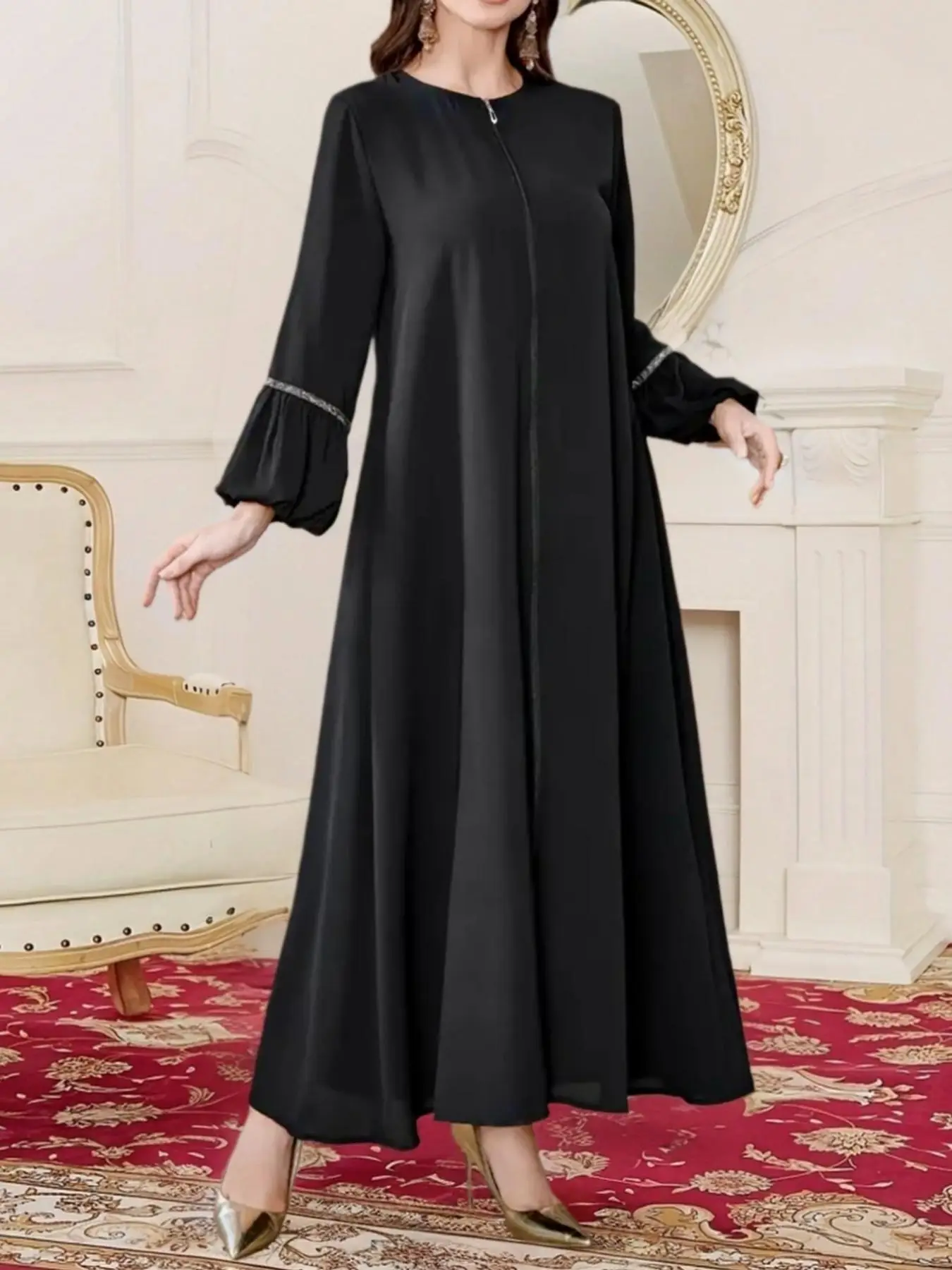 Women's Solid Color Long Sleeve Aranbian Dress, Modest Casual Round Neck Maxi Abaya Dress for Daily Wear, Ladies Islamic Clothing for All Seasons