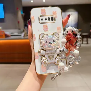 Note 8 Fashion Series Pearl Strap Lanyard Phone Holder Case For Compatible With Samsung Galaxy Note 8 Plating Cover and Durable Scarf Bear Hat Bear Love Heart Protector Cases