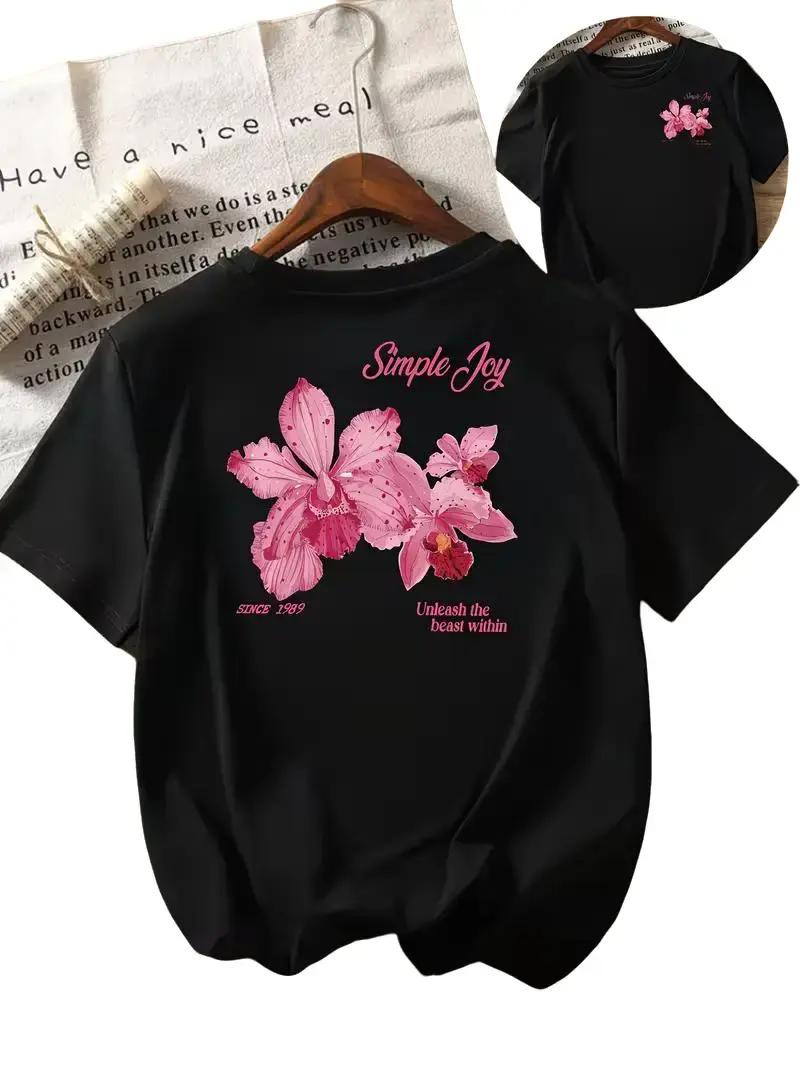 [100% Cotton]Vintage Pink Orchid Unleash The Beast Within , 1989 Inspired Black T-Shirt Casual Essential