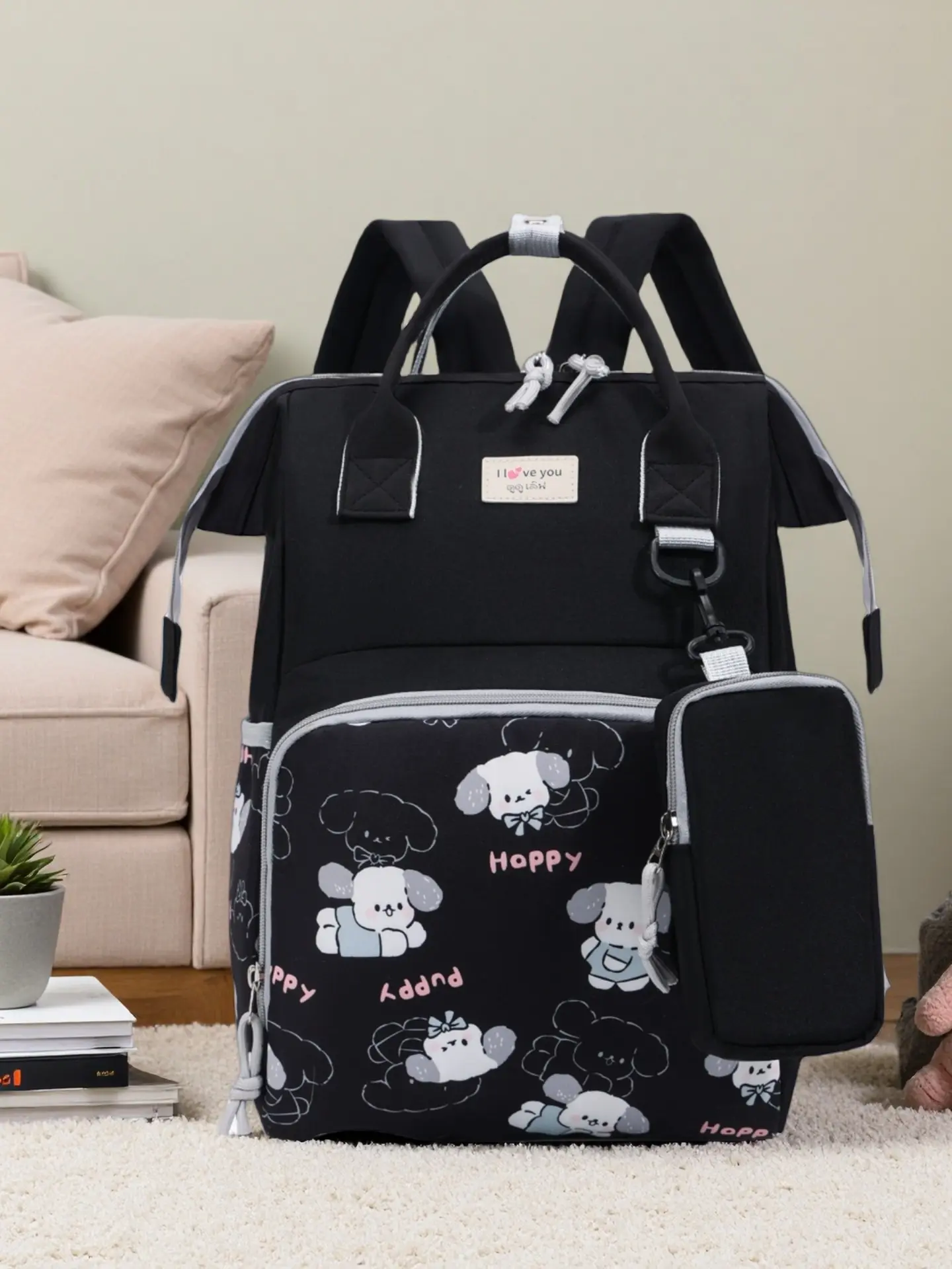 Cartoon Puppy Print Mommy Bag, Large Capacity Multifunctional Diaper Backpack, Elegant Oxford Fabric, All Seasons, Shopping & Family Outings, Travel Diaper Bag, Mummy Bag
