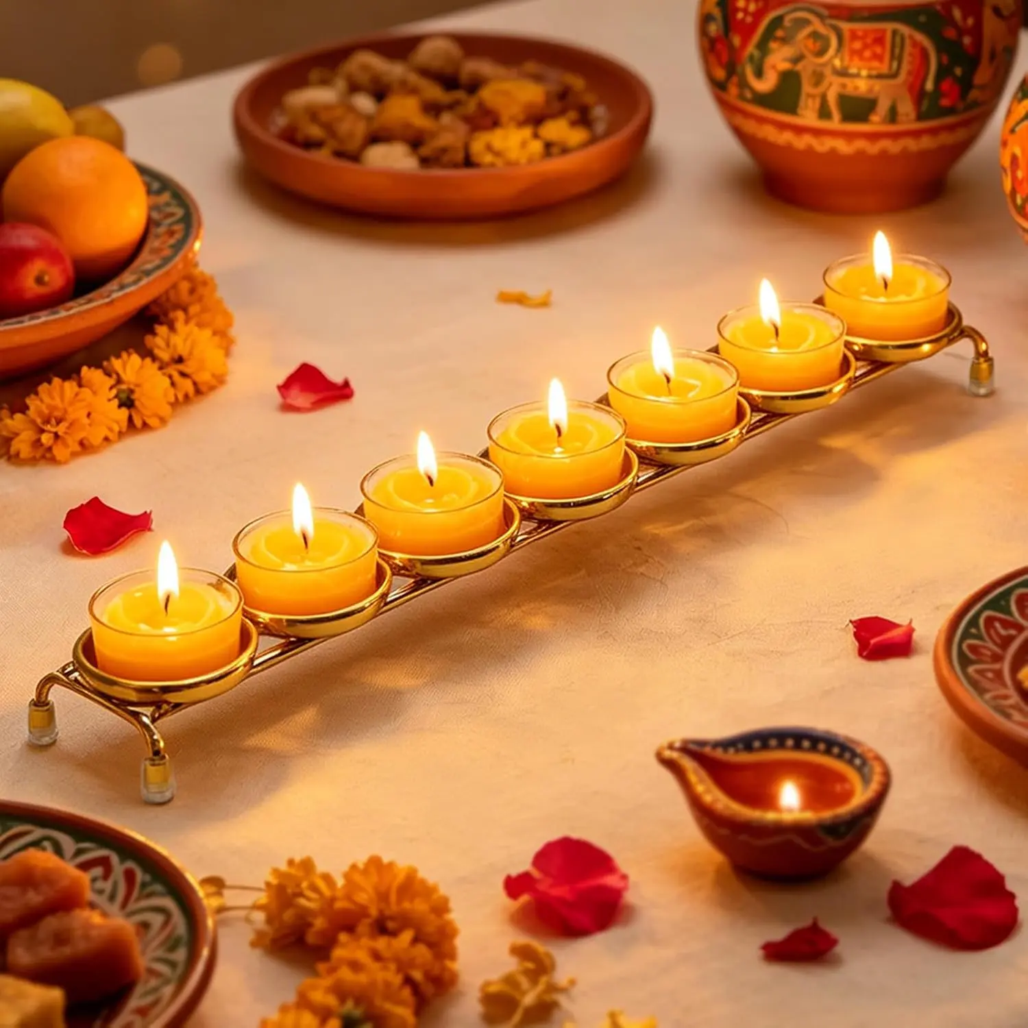 7 Cups Diwali Diya Candle Holder Indian Pooja Items Decorative Diwali Gifts | 13.5”L Straight Gold Metal Deepavali Diyas Tea Light Holder Home Decor Indian Puja Temple Altar Spiritual Oil Lamp Tray