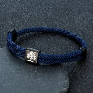 Handmade Navy Blue Braided Rope Bracelet Stainless Steel The Tree of Life Square Bracelets for Men Women Couple Jewelry