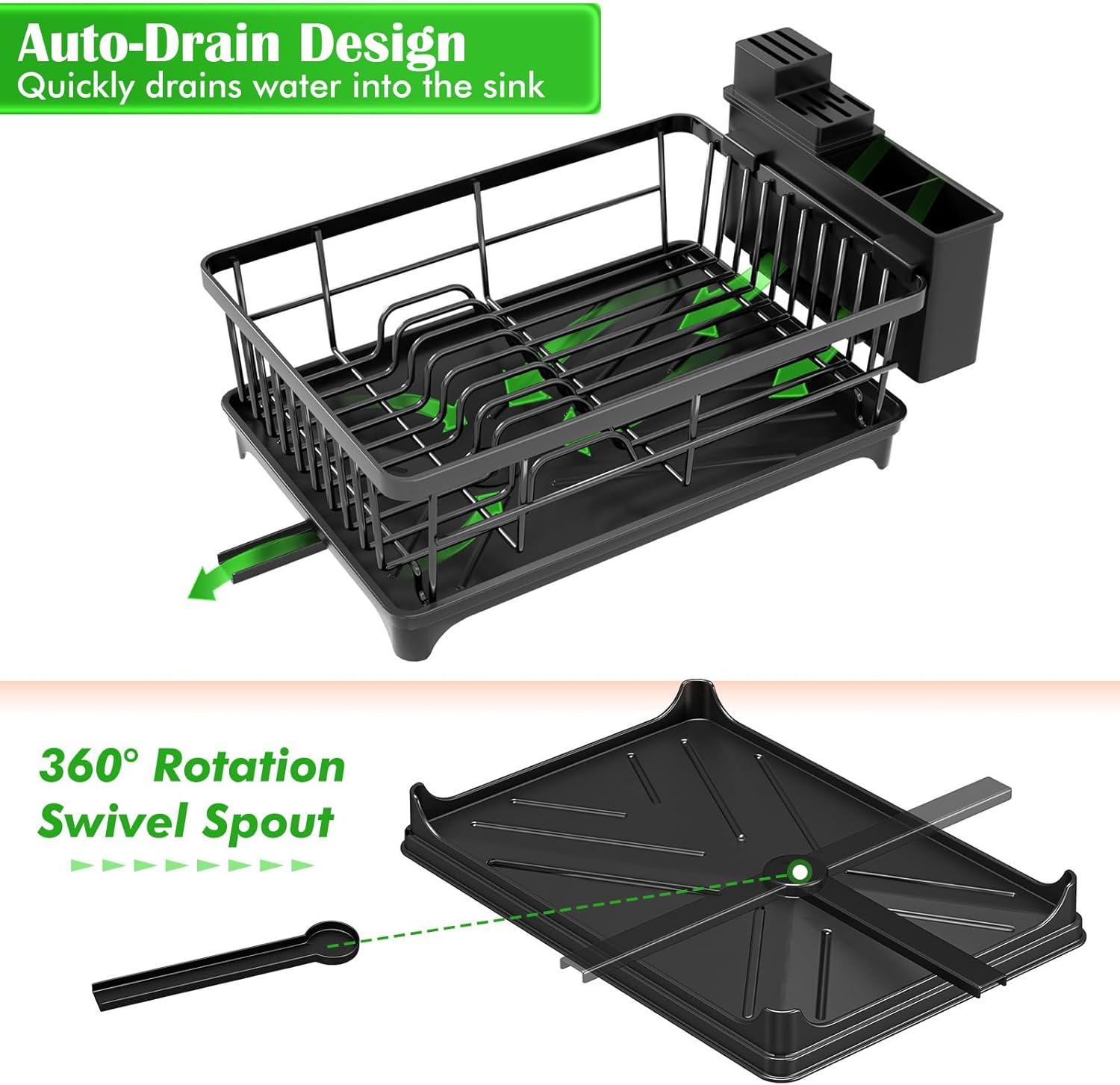Dish Drying Rack - Space-Saving Small Dish Rack for Kitchen Counter, Rust-Resistant Kitchen Drying Rack, Compact Dish Drainer Organizer with Utensil Holder for Home Kitchen, Black