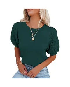 Womens Short Sleeve Lightweight Sweaters Crewneck Knit Pullover Tops with Crochet Sleeve Casual Crochet Blouse Shirt,Dark Green - M