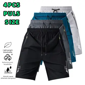 4PCS Men’s Plus Size Summer Stretch Straight-Leg Bermuda Shorts, Solid Color, Zipper Pockets, Drawstring, Lightweight, Suitable for Sports, Running, and Fitness