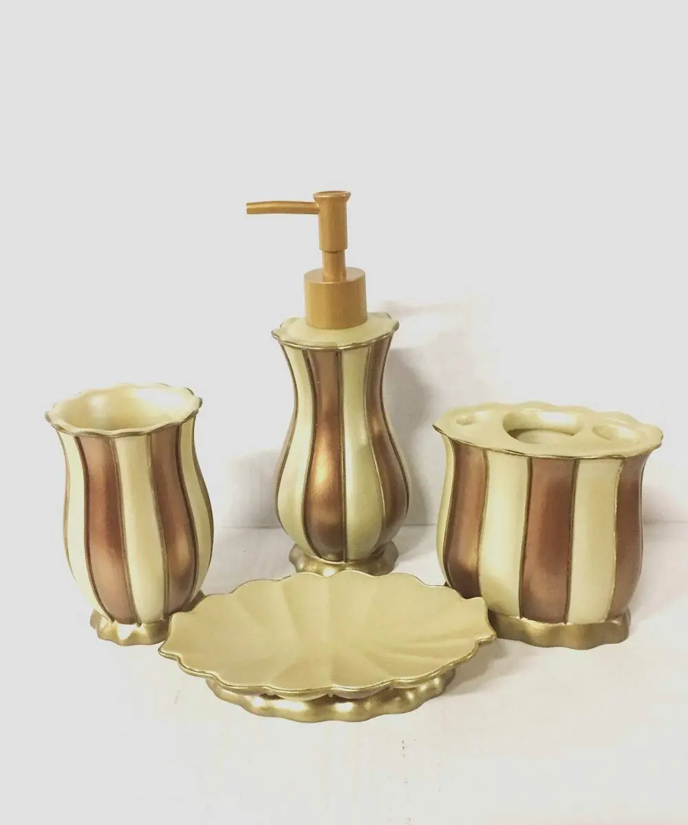 Watson Bathroom Accessories 4-Piece Classic Bronze and Beige Smooth Finish Ceramic Bathroom Accessory Set, Including Soap Dish and Toothbrush Holder, Four Pieces