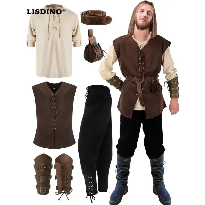 6 Pcs Men's Halloween Renaissance Costume Set Medieval Vest Shirt Ankle Banded Pants Viking Belt Armband Pouch