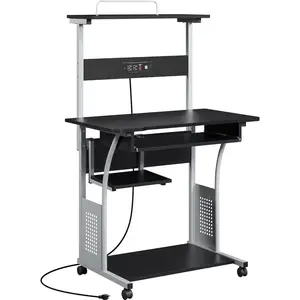 Rolling Computer Desk with Charging Station and 2 USB Ports for Small Space, Study Writing Desk with Keyboard Tray and Printer Shelf for Home Office, Compact Study Table with Wheels, Black