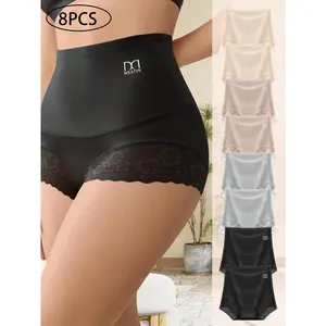 QUASTI 8 Pack High Waist Women's Panties Tummy Control Panties Full Coverage Briefs Stretch Breathable Women's Panties High Waist Lace Cuffs Women's Undergarment