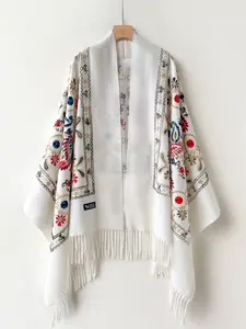Women's Autumn Winter Warm Wool Embroidered Scarf, Fashionable Two-Sided Plant Print Fringe Shawl, Daily Wear Windproof Head Wrap, Embroidery Shawl