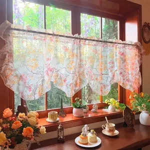 Romantic Flower Print Sheer Half Curtain, Light-Transmitting Privacy Curtain, Bedroom Balcony Coffee Shop Divider Decorative Curtain