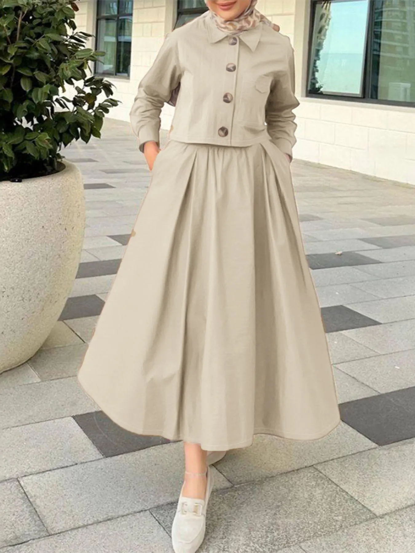 ZANZEA Women's Casual Two-Piece Set Suits, Solid Color Workwear Shirt Top Long Sleeve & Wide Skirt Design, Perfect for Daily, Travel, Commuting Womenswear