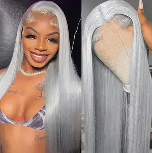 AMZHAIR Grey Full Lace Frontal Wigs 100% Human Hair Straight Lace Front Wigs for Black Women 13x4 13x6 HD Lace Frontal Wig Pre Plucked Natural Hairline 180% Density Thick Silver Colored Grey Wigs