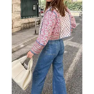 Womens Lightweight Floral Printed Quilted Cardigan Jacket Cropped Open Front Padded Reversible Puffer Coat