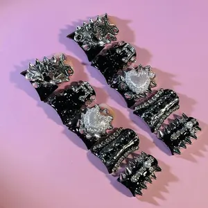 Sweet acrylic press on nails 10pcs Punk Gothic Duckbill Studs & Pearls Handmade for Girls' AvantGarde Style Shiny Rhinestones Black Accents Perfect for Parties Casual Wear Includes EasytoApply Tool Kit St. Patrick’s Day Fresh Green Nails Easter Summer