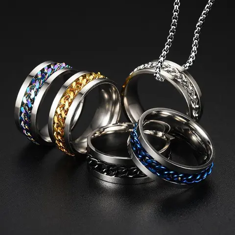 Male Adults' Round Fashion Ring - Intricate Chain Link Detail, Polished Stainless Steel, Streetwear & Casual Wear Band, Fashion Jewelry Accessories, Round Ring