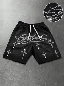 Men's Summer Shorts, Fashionable Summer Shorts, Fashion Streetwear Casual Pants, American Trendy Rhinestone Cross Gym Shorts, Glitter Letter Print