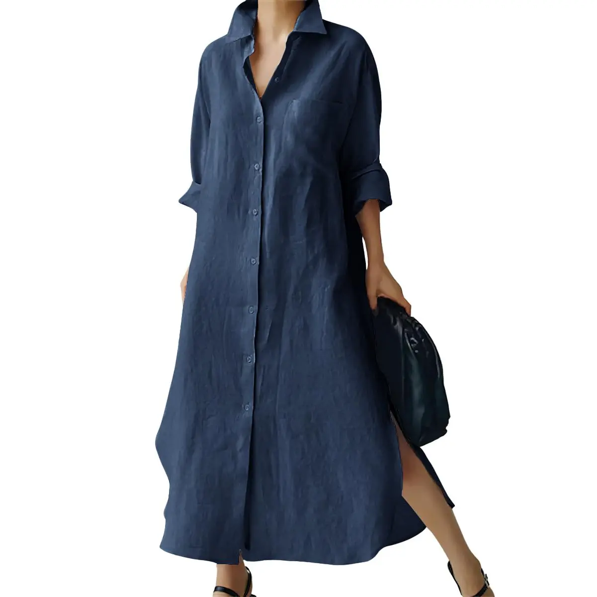 Chouyatou women's spring and autumn simple straight shirt dress elegant side slit long dress Chouyatou women's spring and autumn simple straight shirt dress elegant side slit long dress