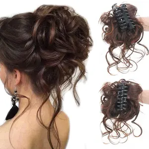 Casual style claw clip bun with natural fluffy long bangs, hairpiece set, ponytail hair ring, hair clip