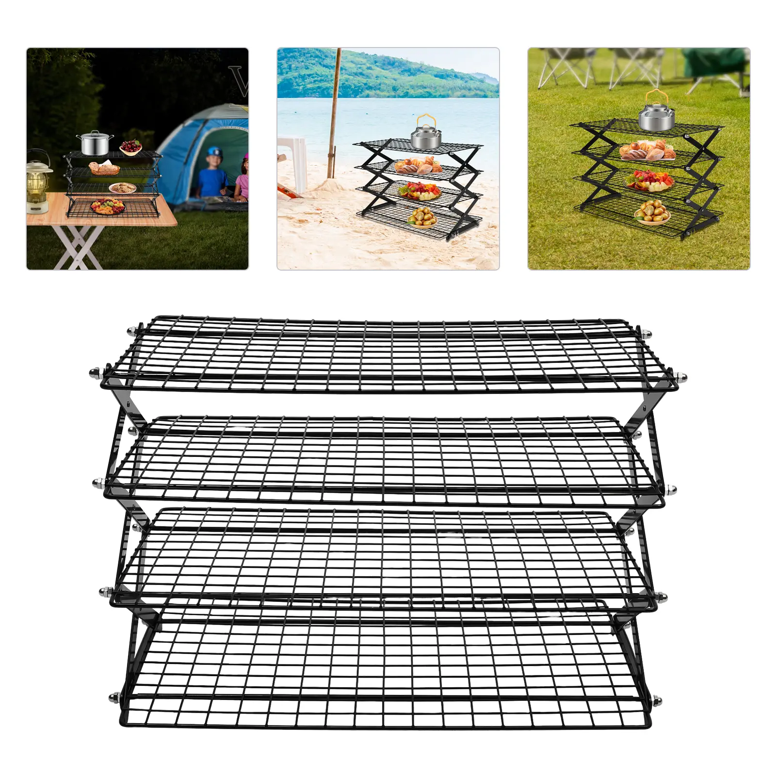 3 Tier BBQ Drying Rack 40x25x31.5cm, Black Iron Foldable Camping Food Spice Holder for Outdoor Picnic Party, Tabletop Grill Stand