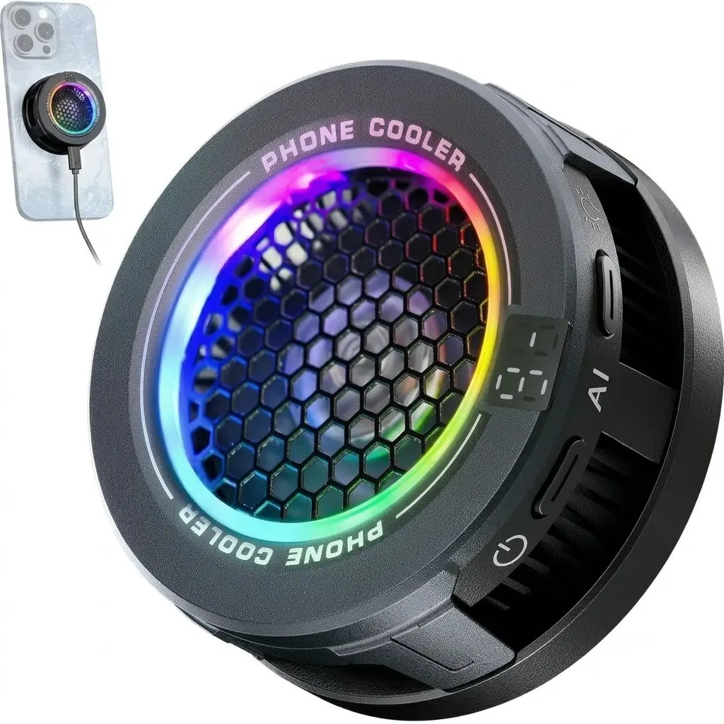RGB Magnetic Phone Cooler, Low Noise USB Gaming Cooling Fan with Smart Temp Control, Magnetic Ring & Clip Compatible with MagSafe iPhone 17 Pro Max 15 16 iPad Samsung S26 Ultra, PA069