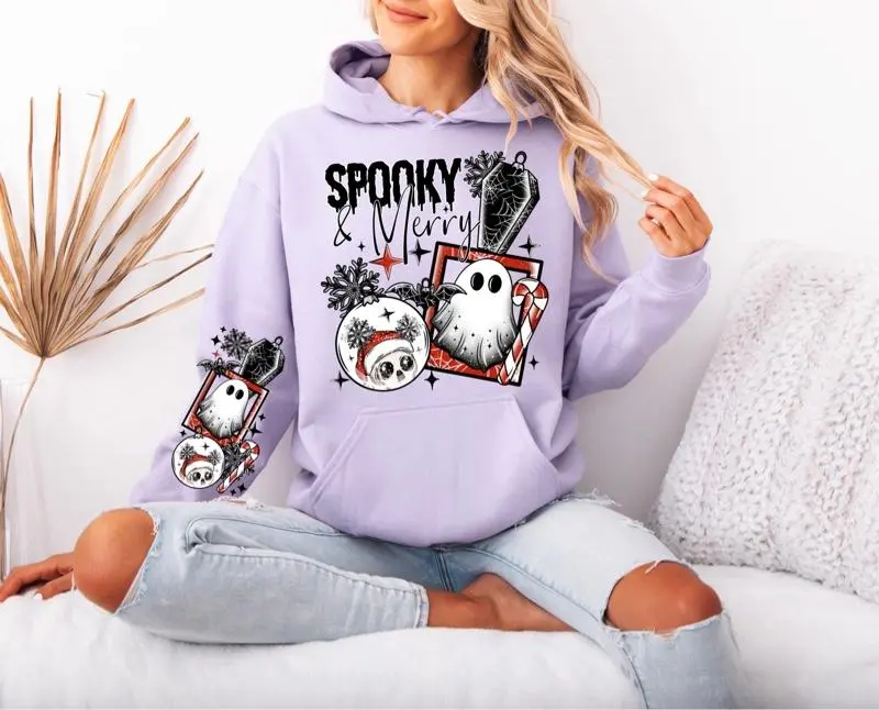 Spooky and Merry Gildan hooded Sweatshirt with Sleeve design unisex sizing womenswear comfortable soft Casual Pullover Tops Fabric Pocket Mint Green Green Spandex Cotton