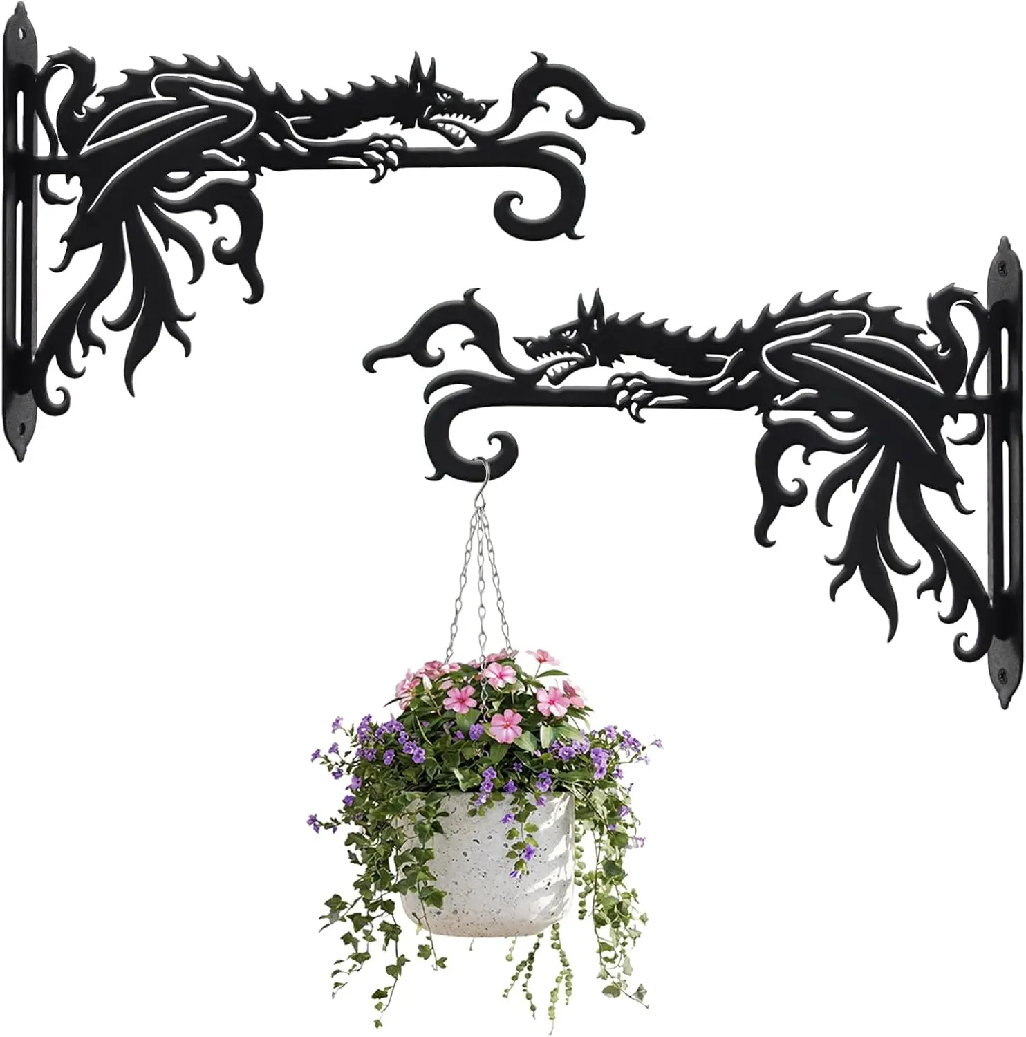 Miganest 2-Pack 10in Laser-Cut Gothic Dragon Metal Wall Brackets, Wall Mount Hooks for Hanging Plants, Flower Pots & Planters, Hanging Baskets, Lanterns for Indoor Outdoor Home Garden Decor